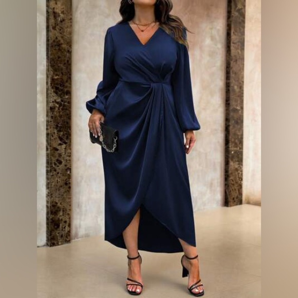 4XL Shein size 4XL Elegant Navy Blue Wrap Dress - Picture 3 of 13